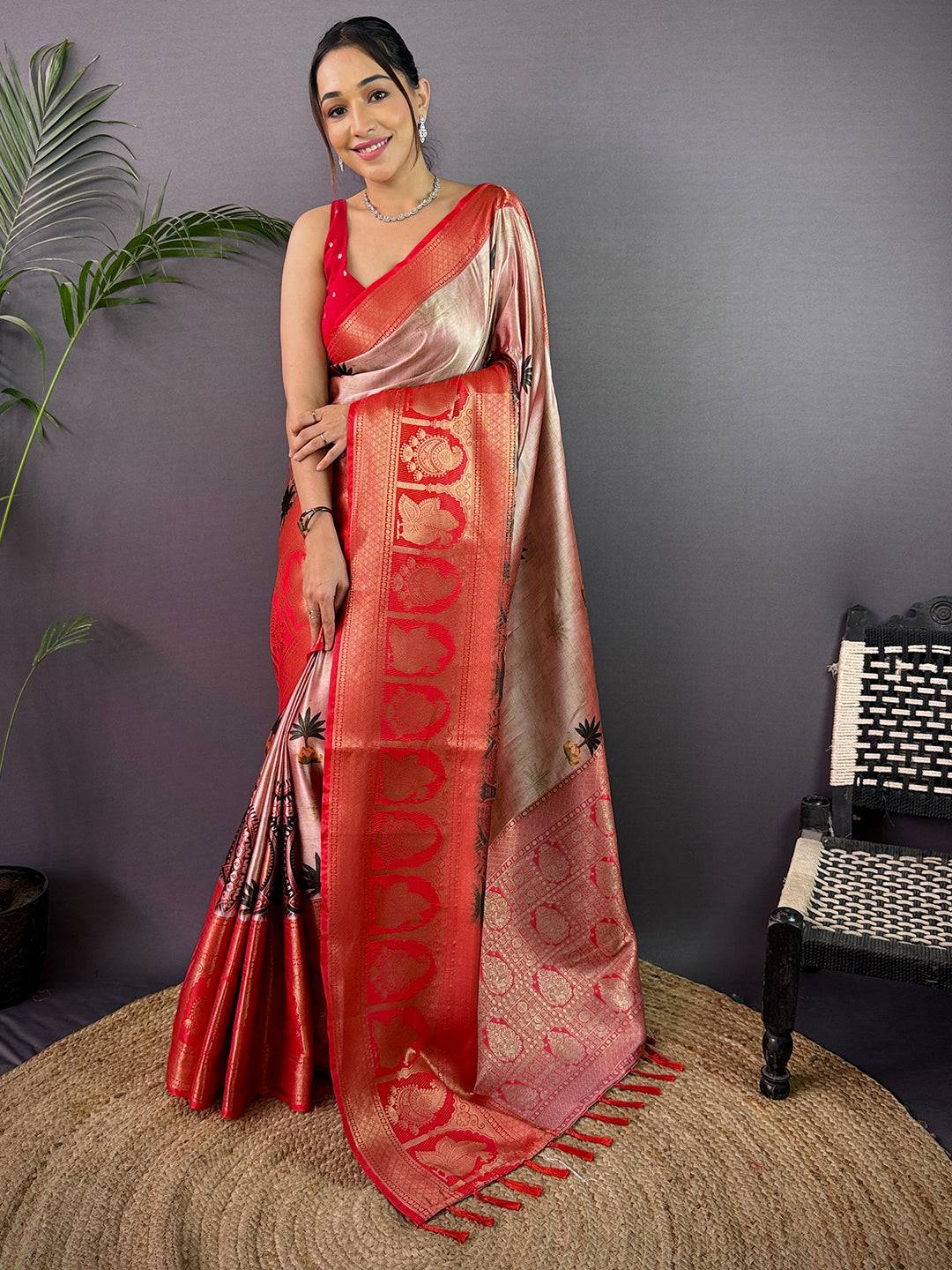 Elegance Soft Cherry Satin Kalamkari Print Saree