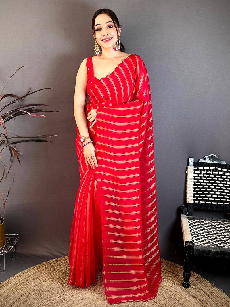 Pink Gold Zari Stripe Chiffon Saree