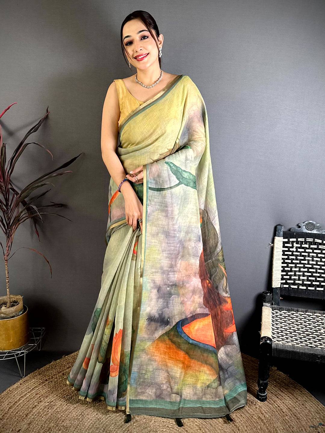 Olive Pen Kalamkari Linen Saree