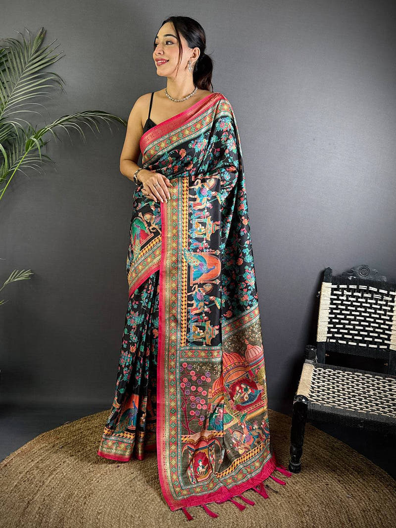 Black Soft Silk Pashmina Kashmiri Print Saree