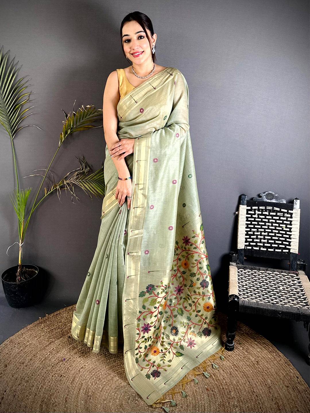 Aura Green Minakari Butti Linen Saree