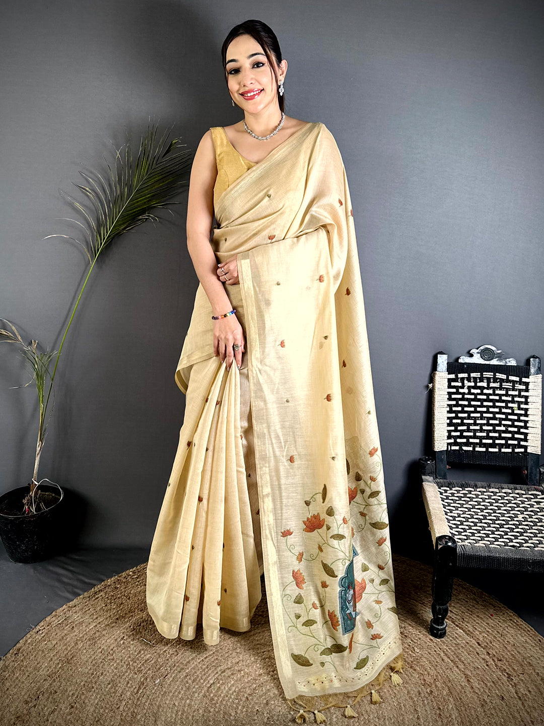 Pichwai Minakari Cotton Linen Saree