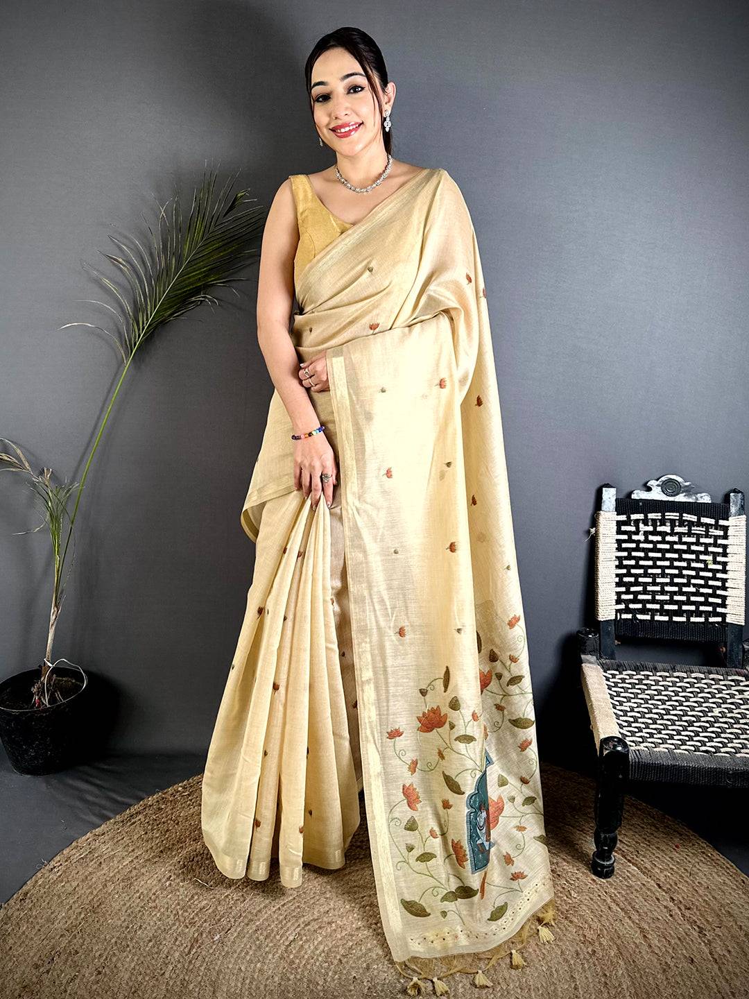 Pichwai Minakari Cotton Linen Saree