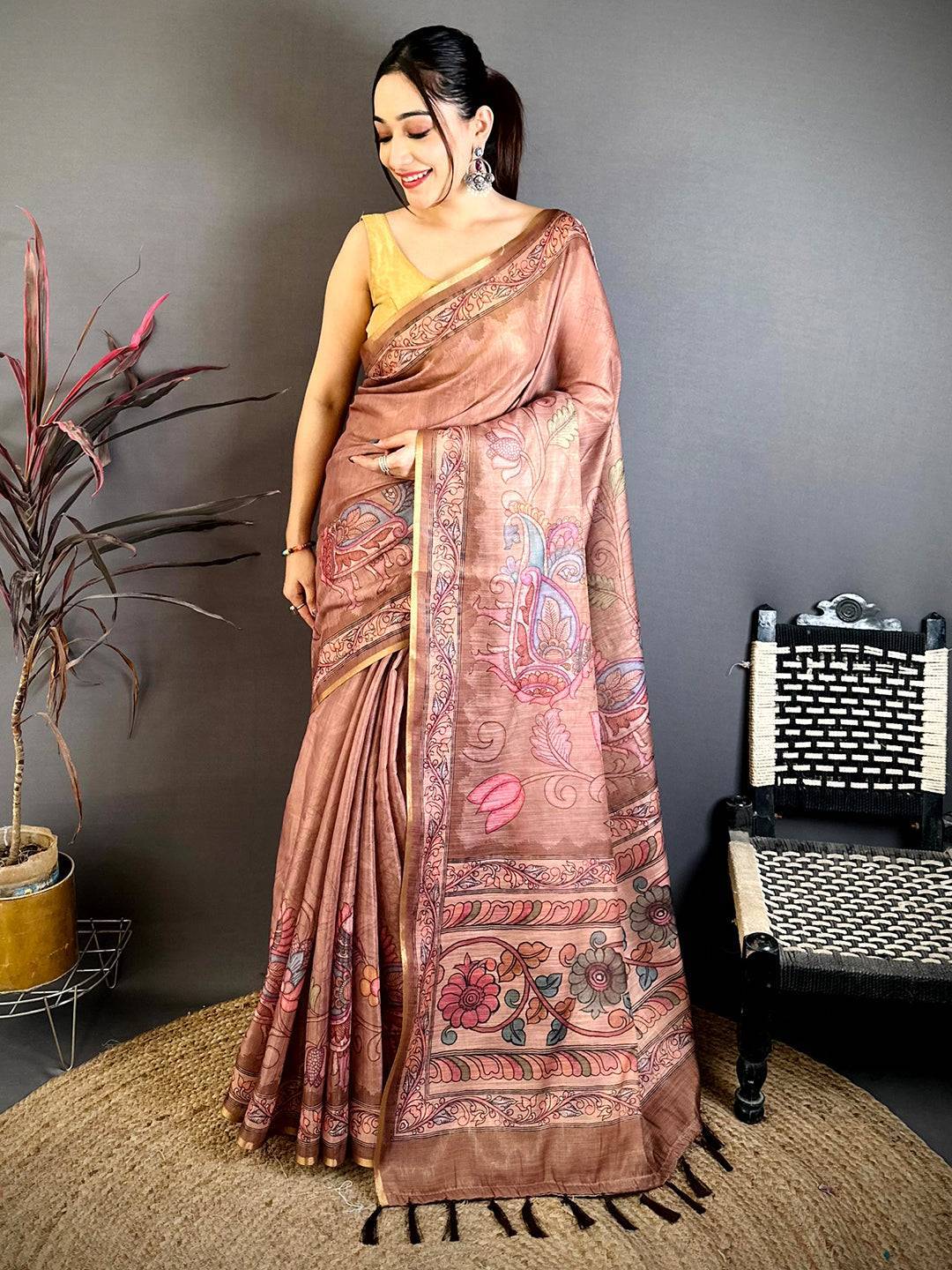 Brown Vintage Pen Kalamkari Chanderi Saree