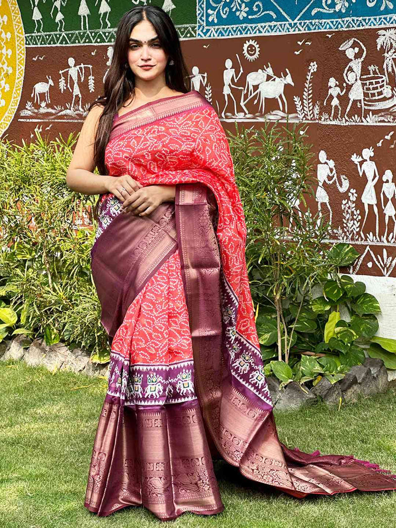 Elegant Red Bandhej Ikkat Saree with modern digital design