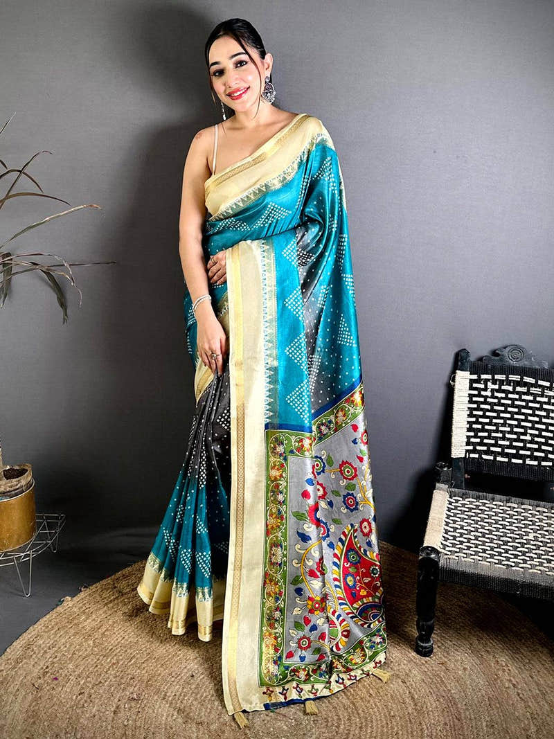 Royal Kalamkari Pallu Bandhej Print Saree
