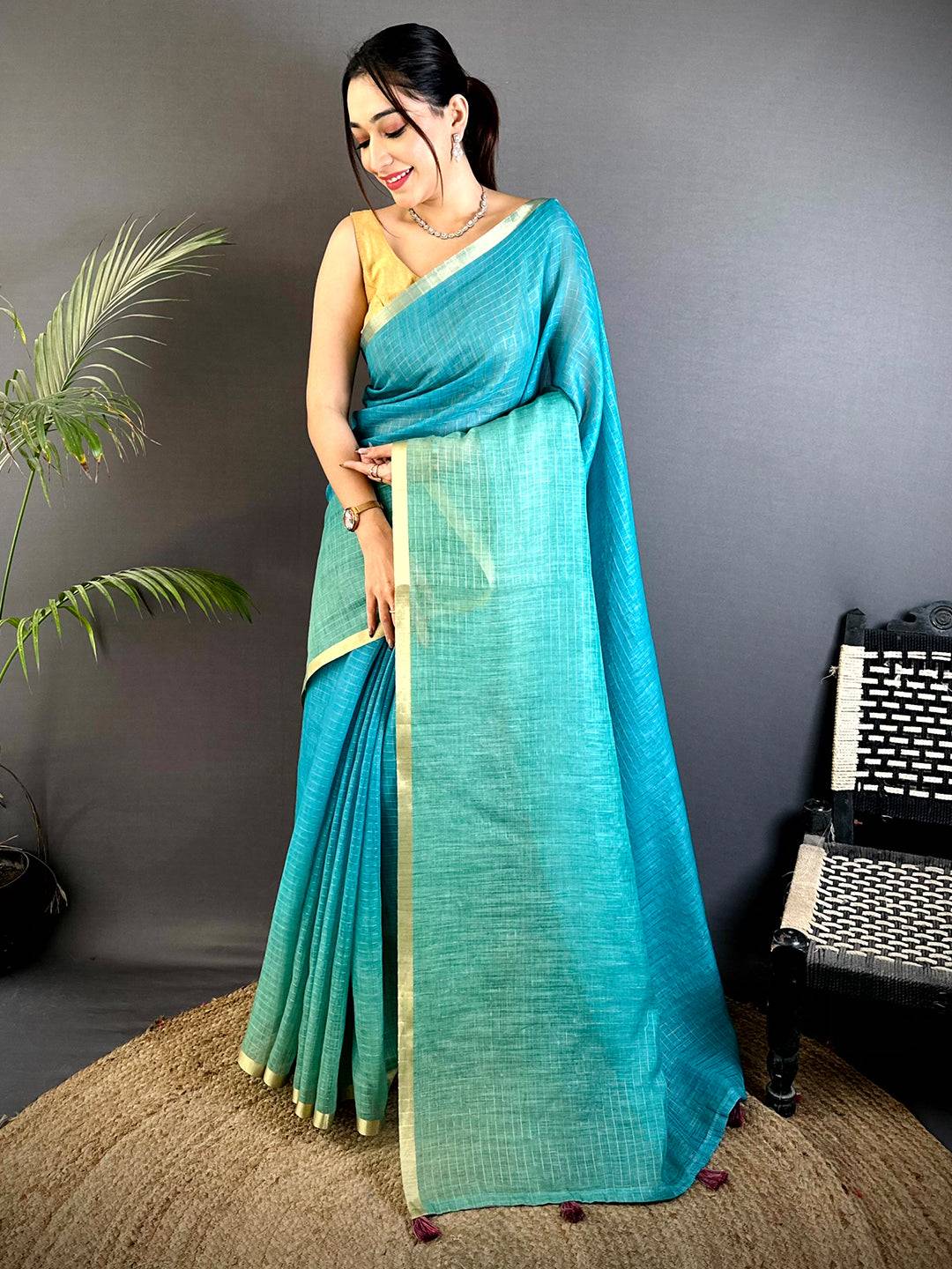Regal Self Chex Linen Zari Saree