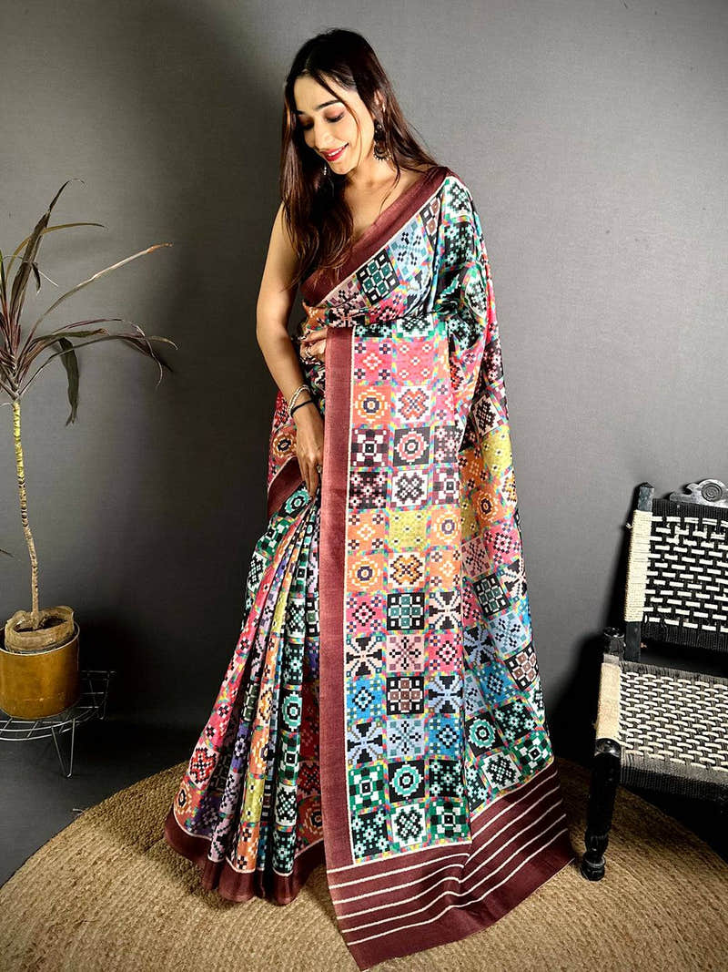 Multi Geometric Patola Ikkat Tussar Saree