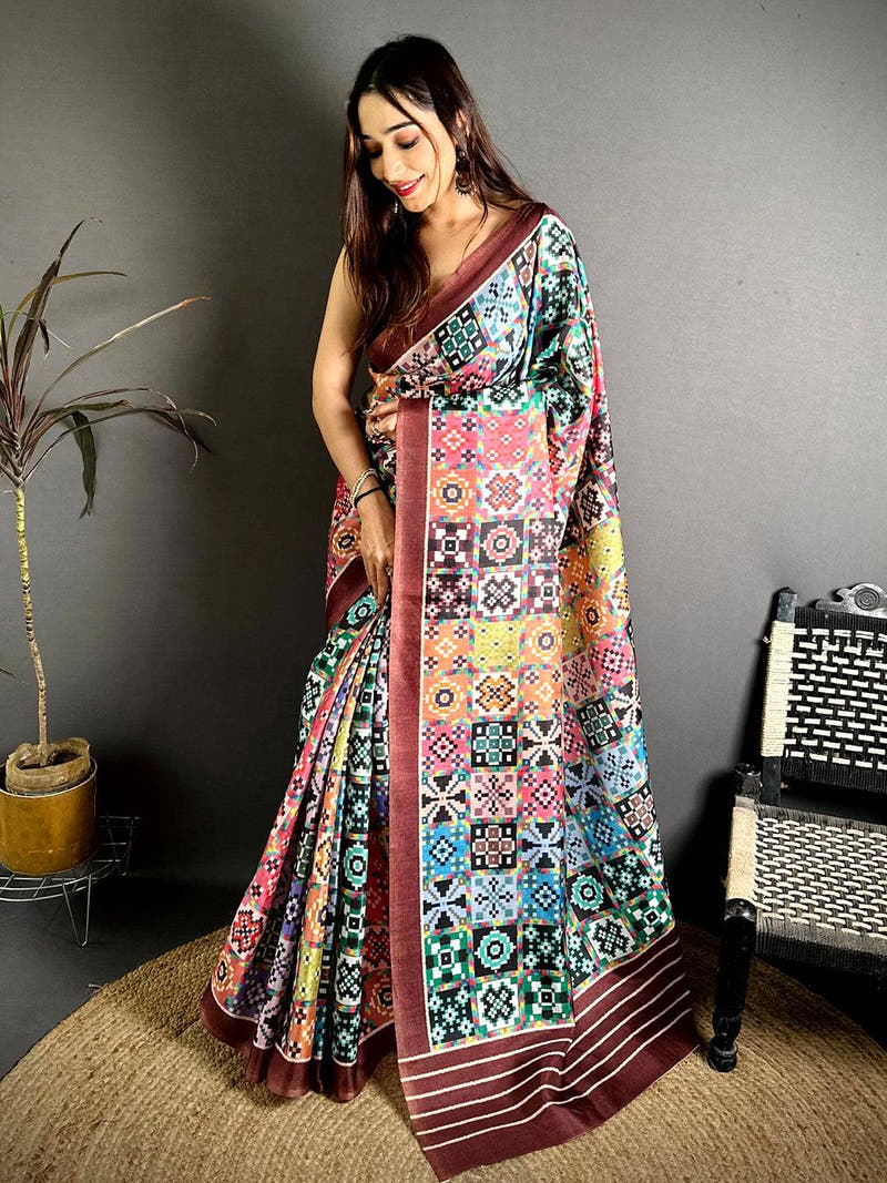 Multi Geometric Patola Ikkat Tussar Saree