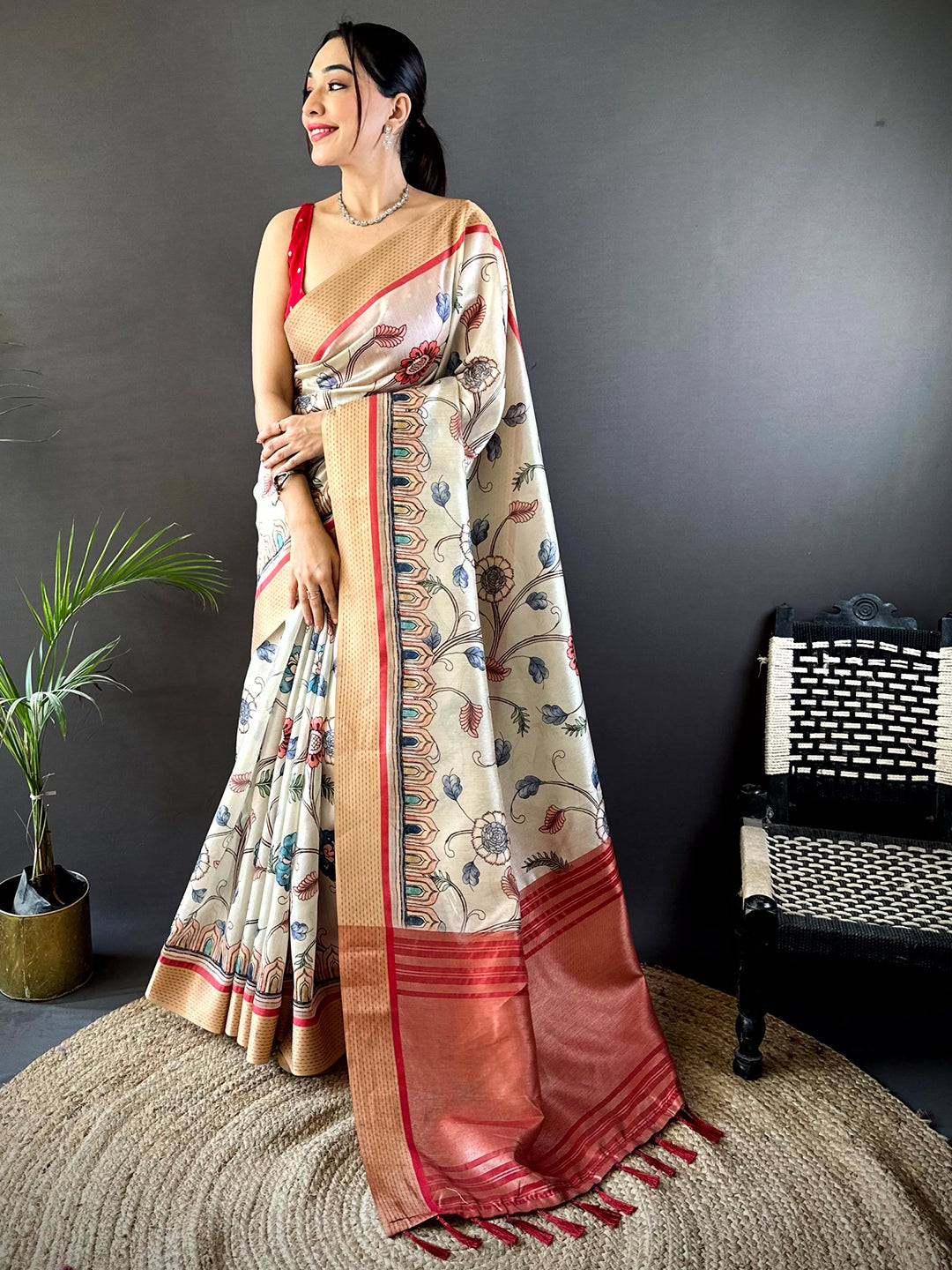 Cream Digital Kalamkari Printed Tussar Silk Saree