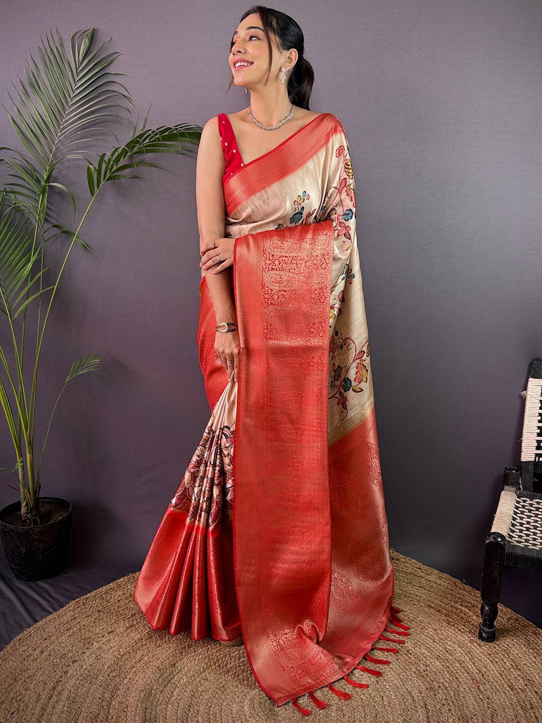 Beige Cherry Satin Kalamkari Saree