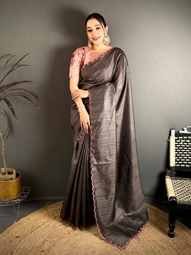Korean Tussar Contrast Cutwork Saree