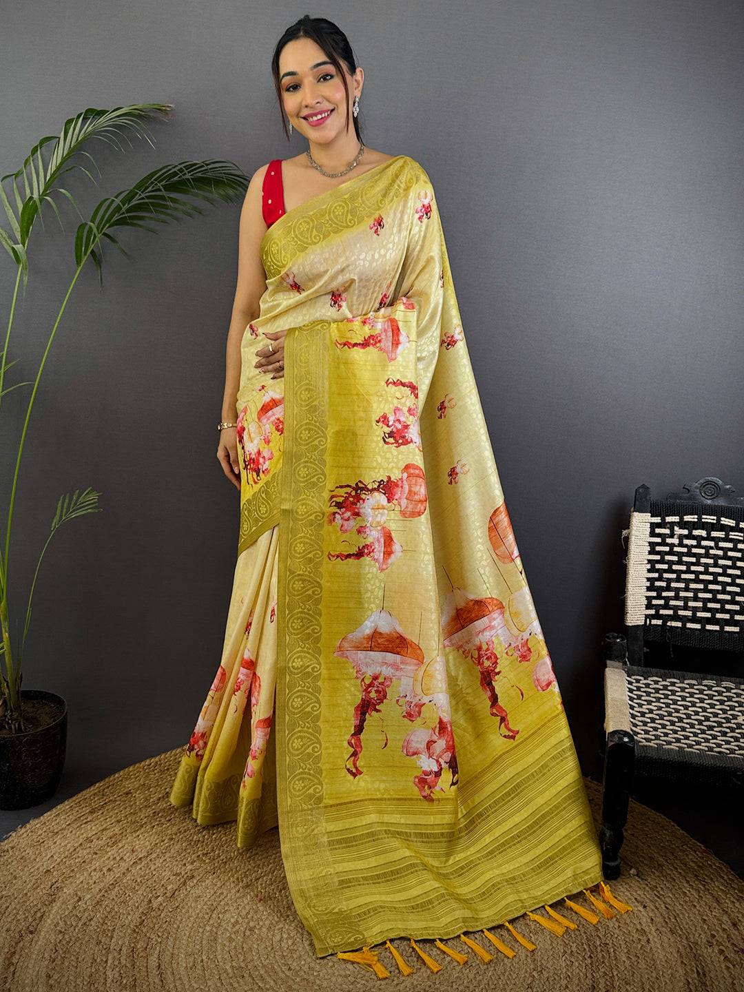 Mustard Yellow Digital Print Soft Dola Silk Saree