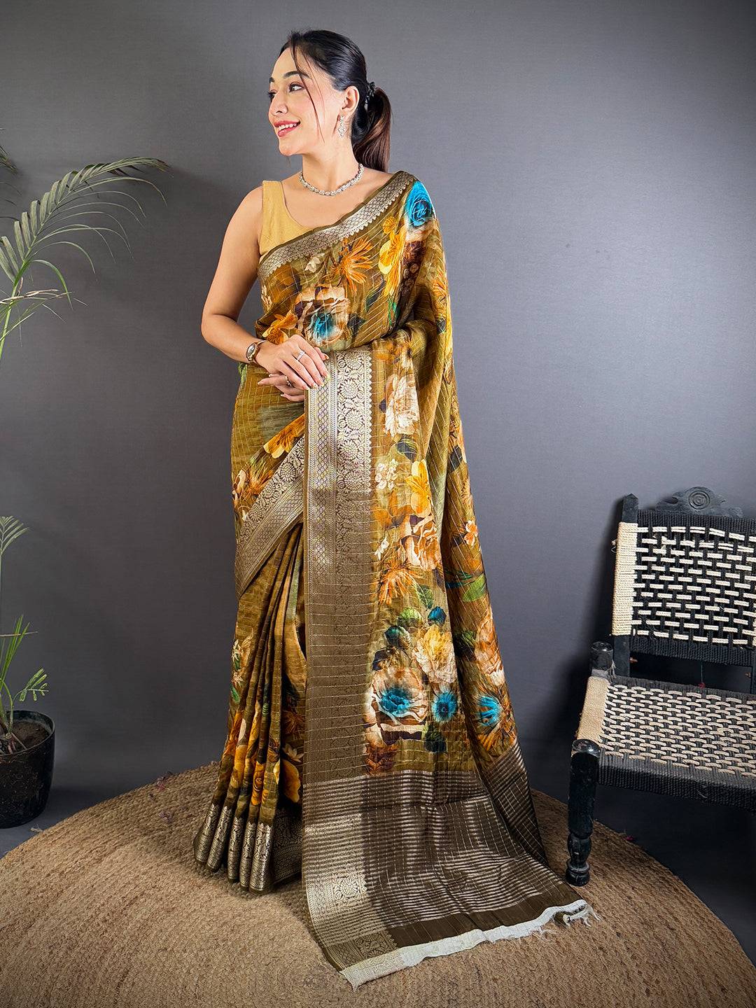 Graceful Olive Pure Viscose Floral Saree