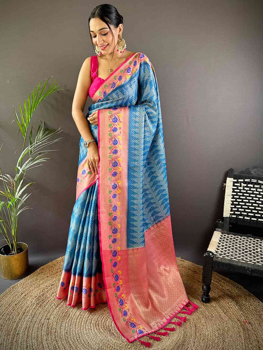 Kora Silk Banarasi Digital Print Saree In Blue Colour
