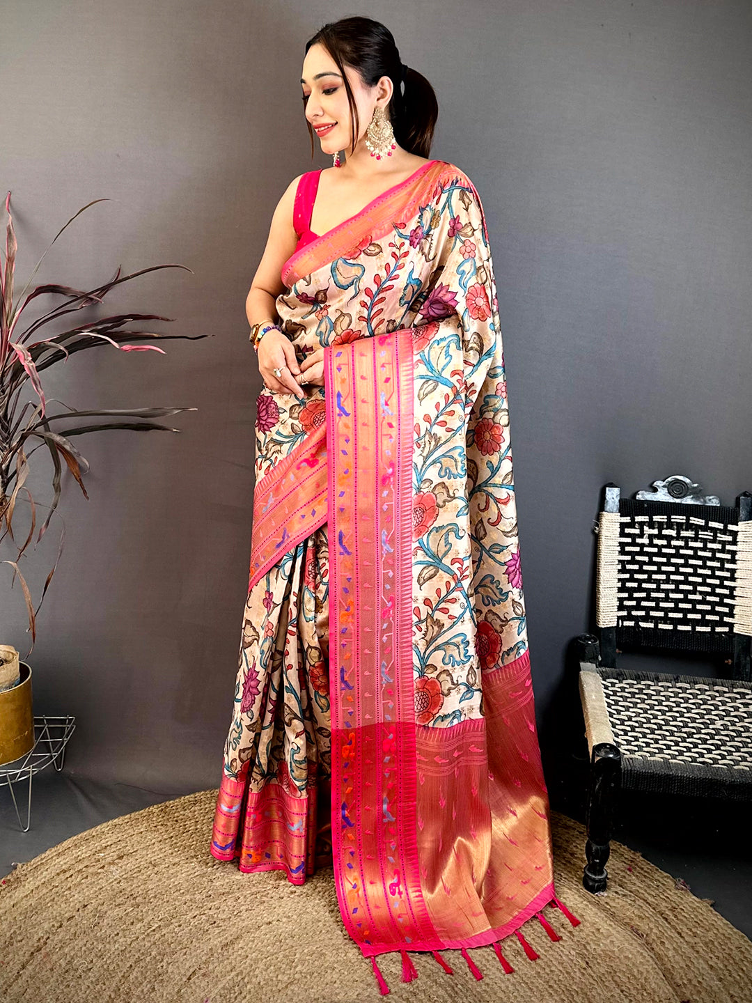 Cream Paithani Border Kora Tissue Saree