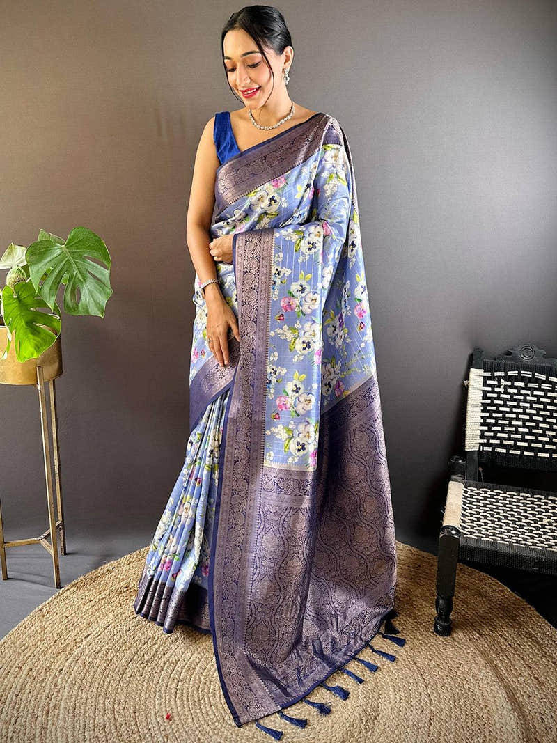 Serene Steel Blue Floral Elegance Saree
