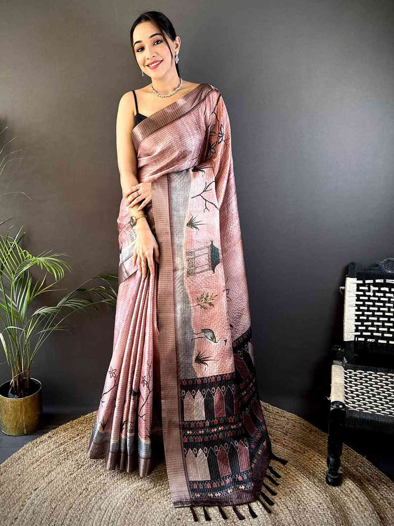 Blush Pink Tussar Chex Japanese Print Saree