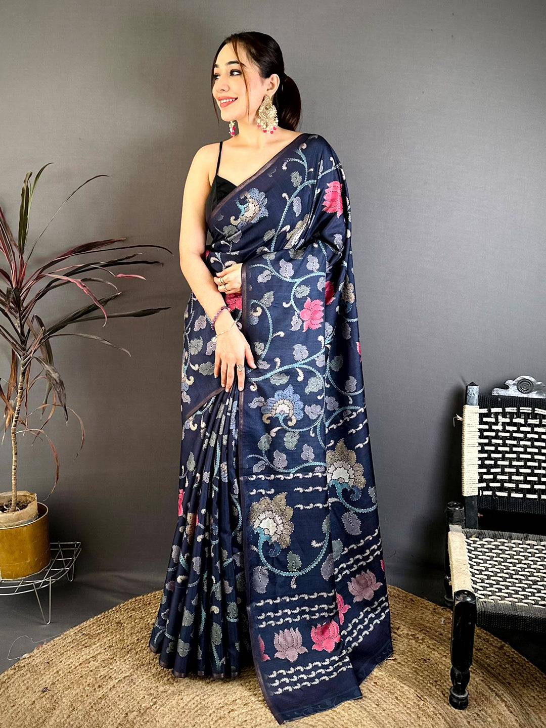 Navy Blue Kalamkari Soft Zarna Silk Saree