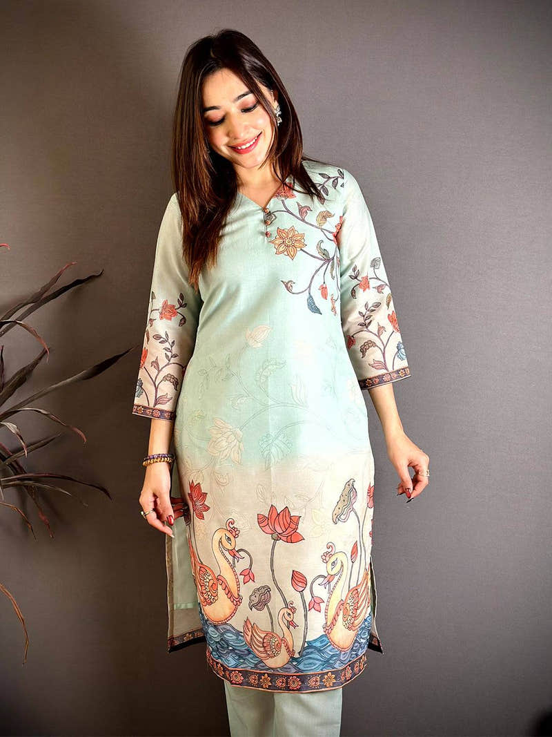Mul Cotton Kalamkari V Neck Kurti