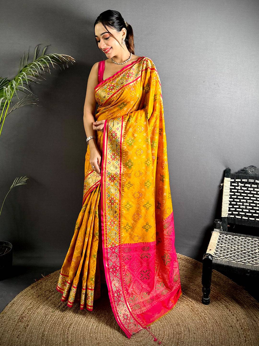 Yellow Pochampally Patola Soft Silk Saree