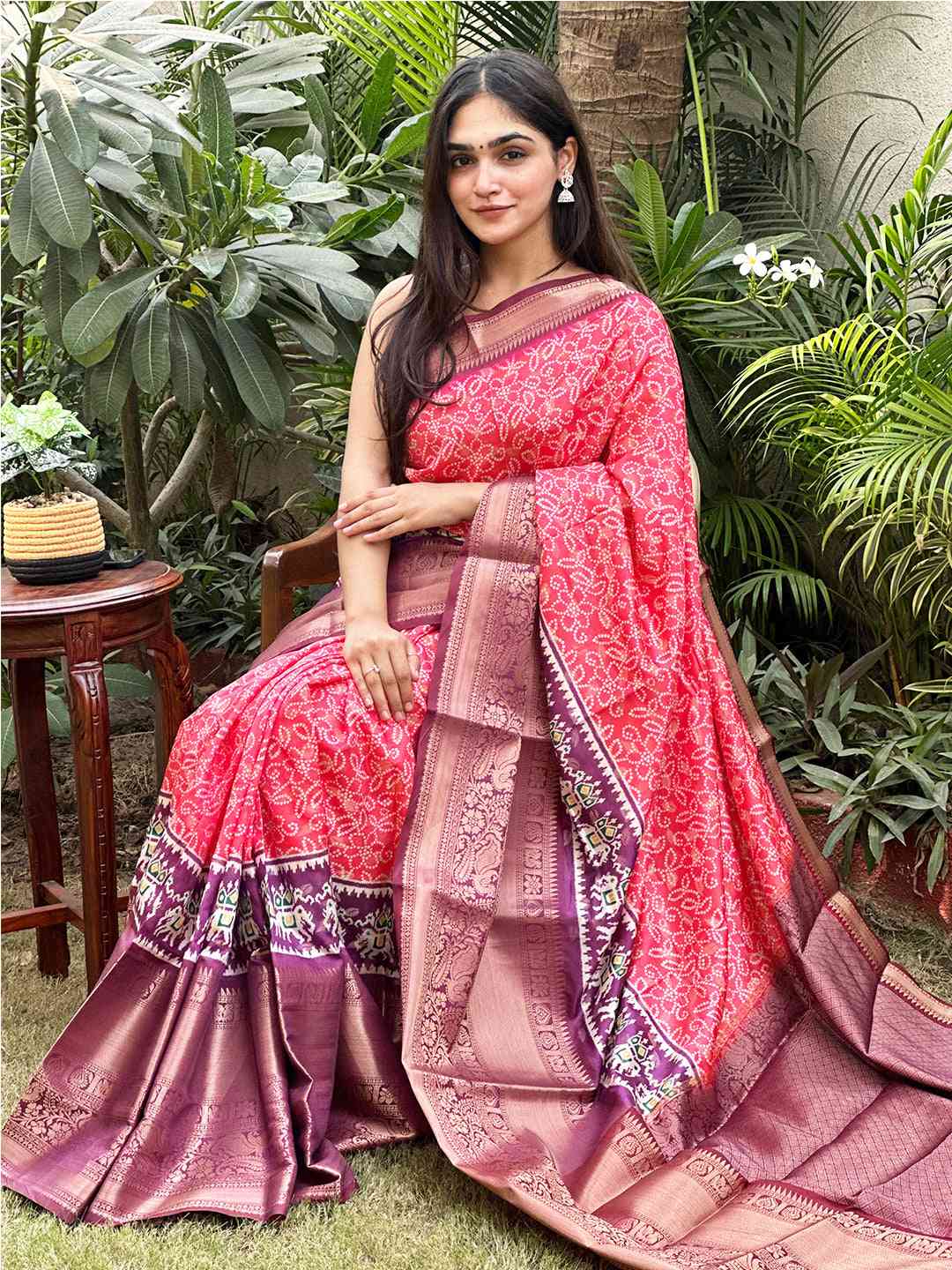 Elegant soft silk Bandhej saree with intricate digital print