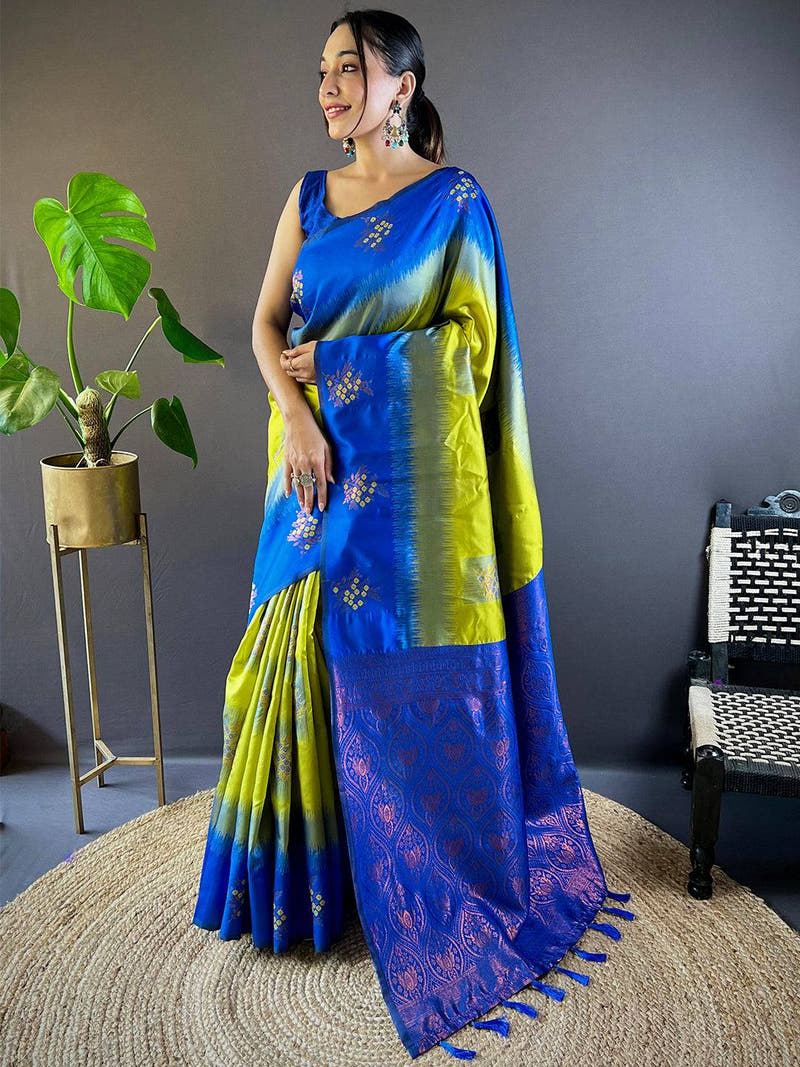 Full view of blue and green Banarasi silk saree