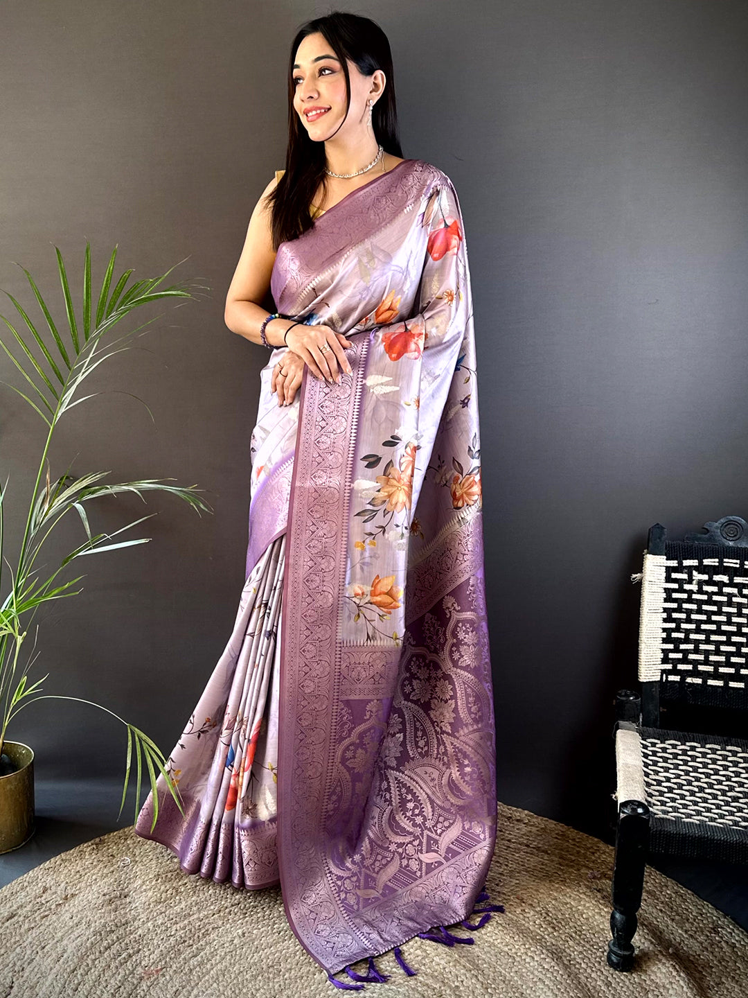 Lavender Bamboo Silk Floral Saree