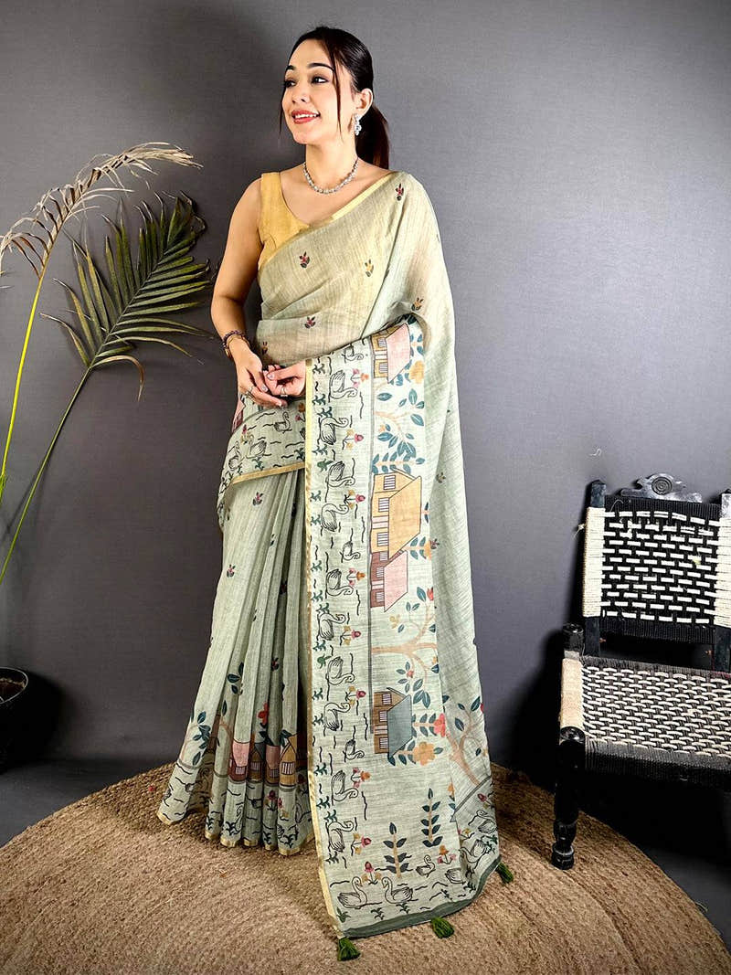 Pista Kalamkari Madhubani Print Saree
