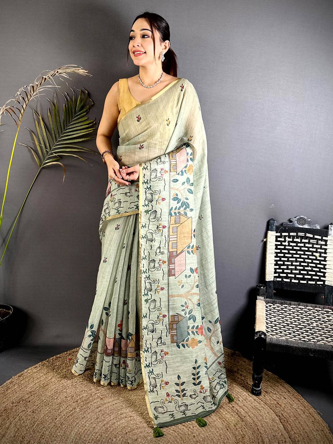 Pista Kalamkari Madhubani Print Saree