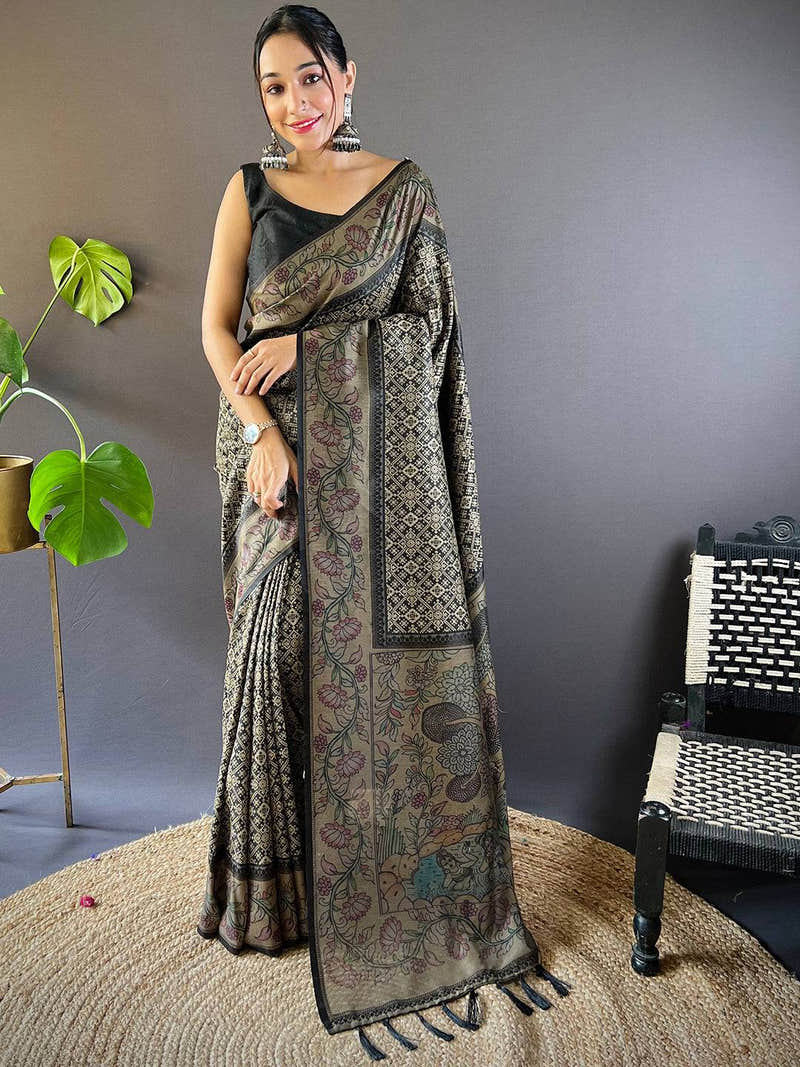 Black Patola And Kalamkari Fusion Saree