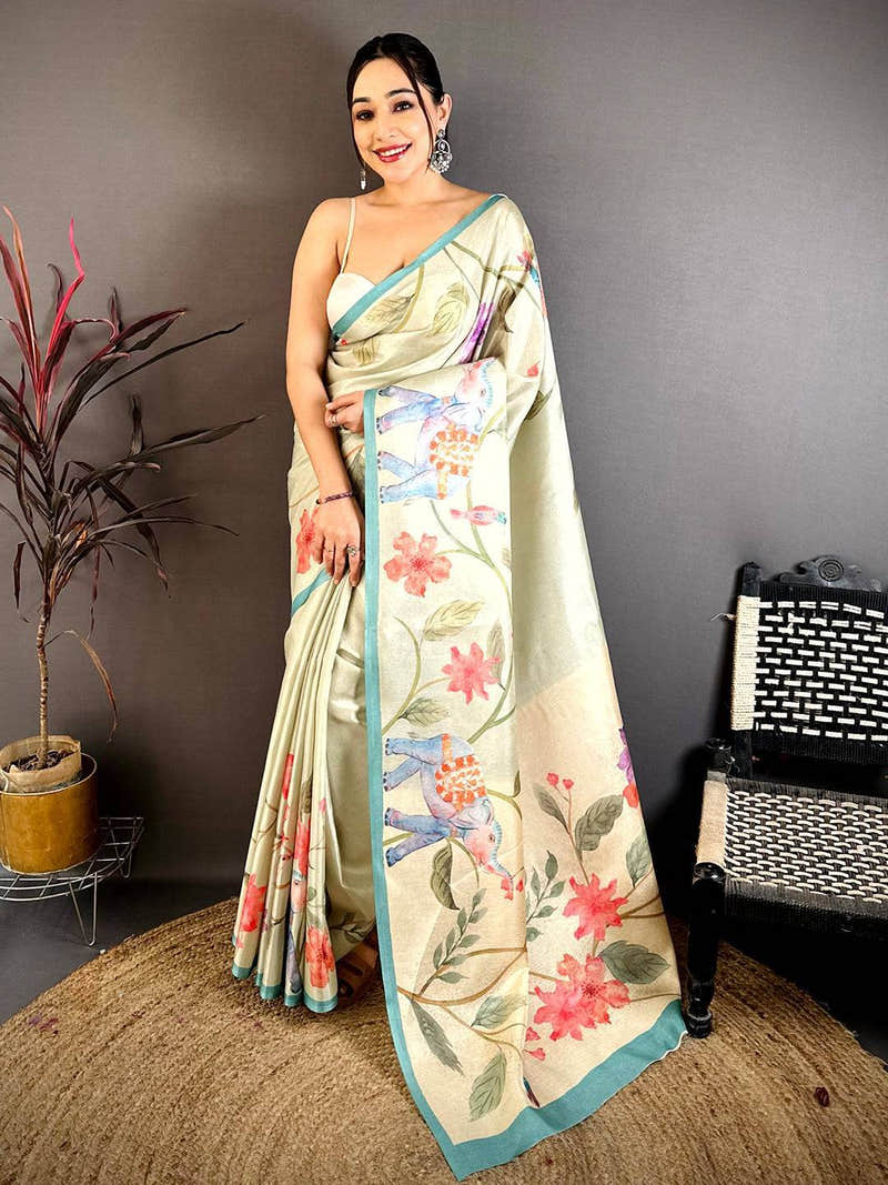 Green Tussar Floral Water Block Saree