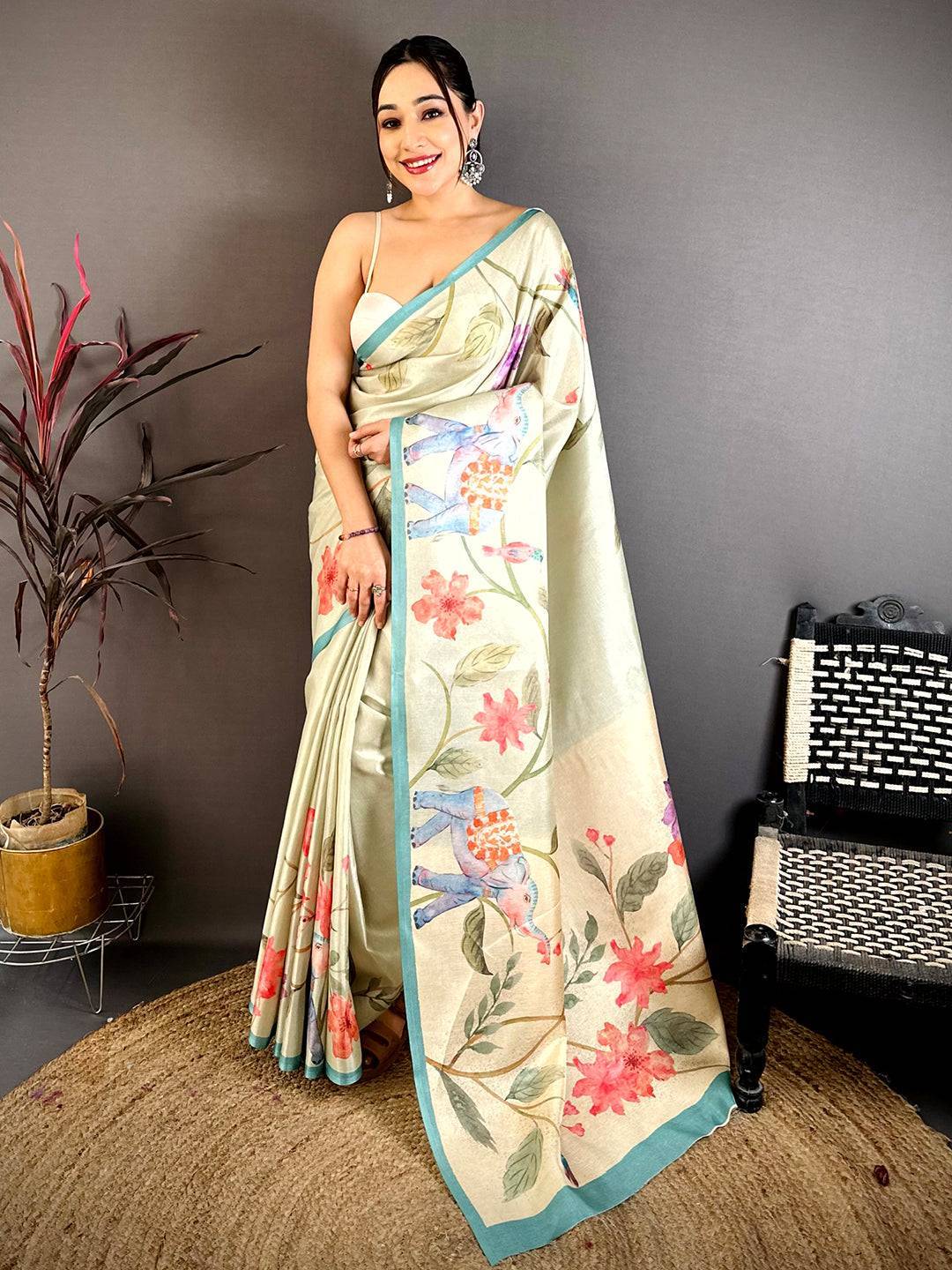 Green Tussar Floral Water Block Saree