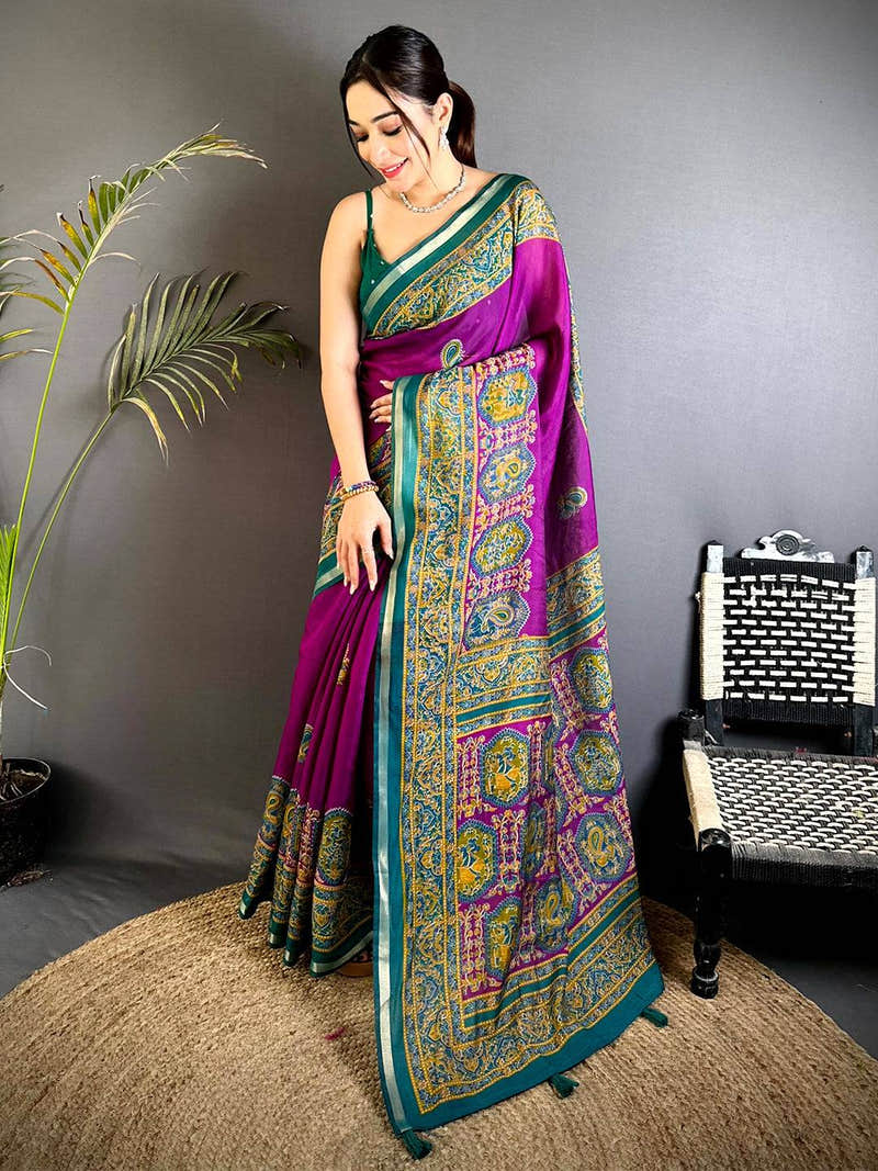 Magenta Kalamkari Pashmina Cotton Saree