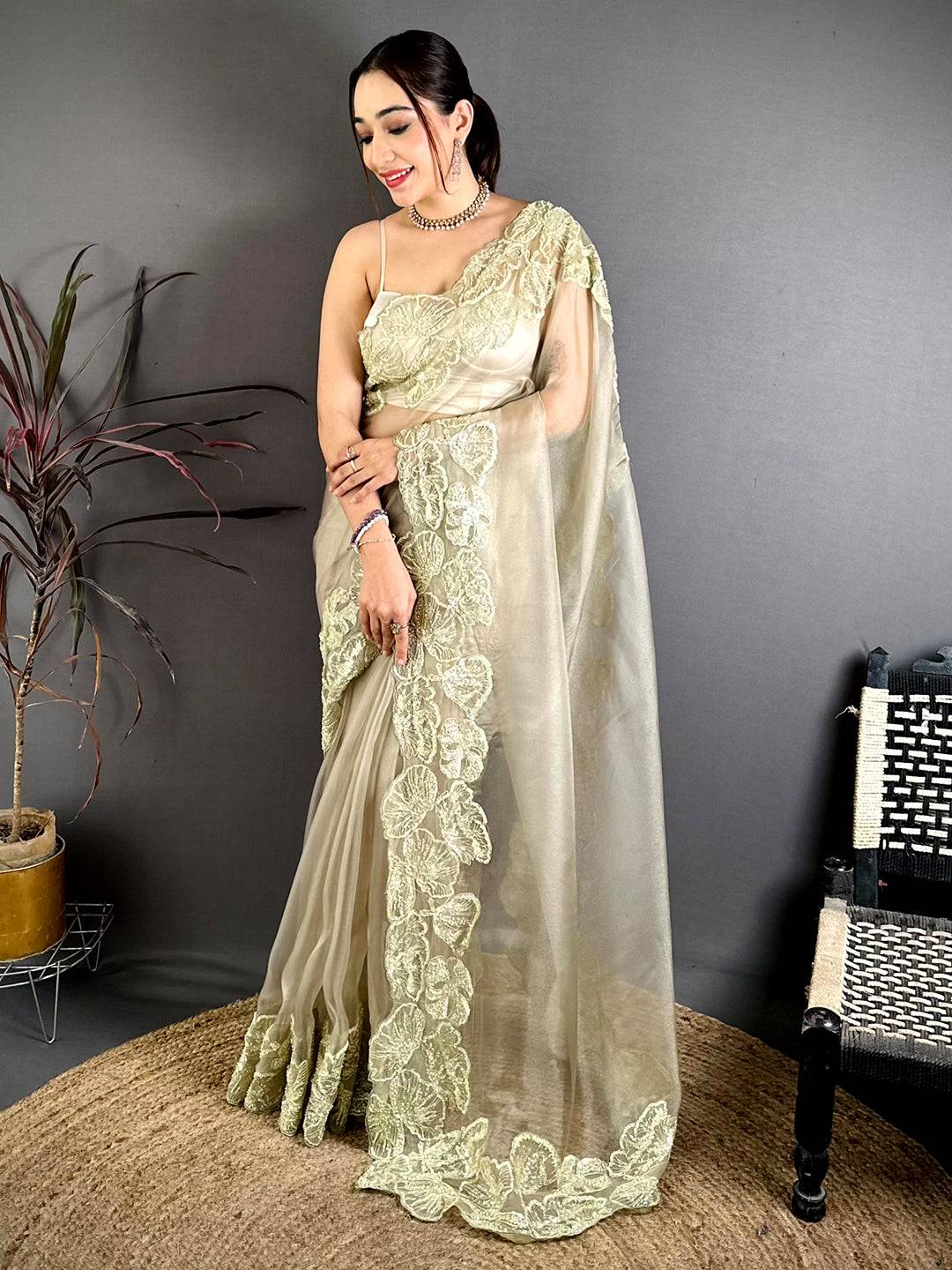 Vibrant Heavy Pearl Work Organza Saree