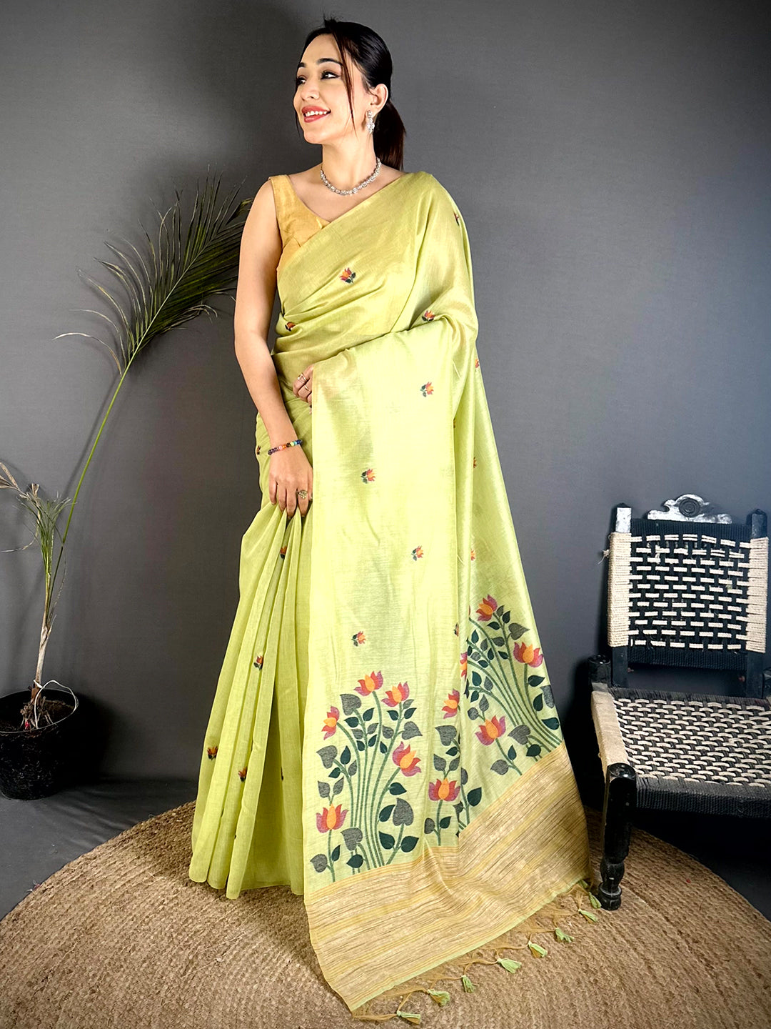 Pista Ghicha Minakari Weave Saree