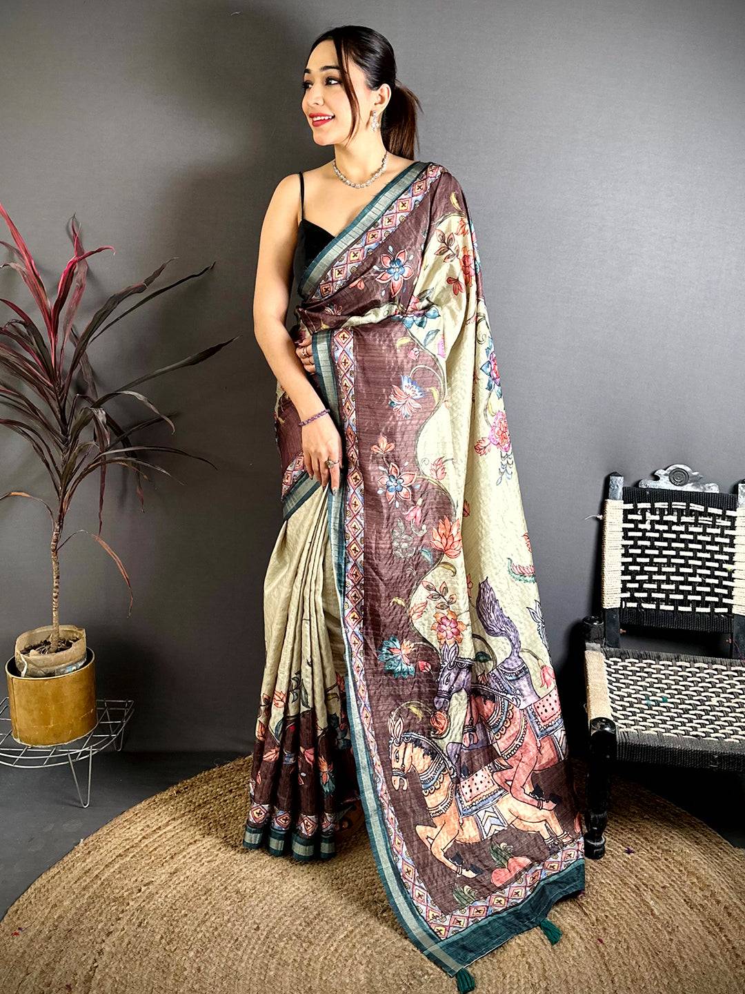 Vibrant Tussar Ghicha Kalamkari Saree