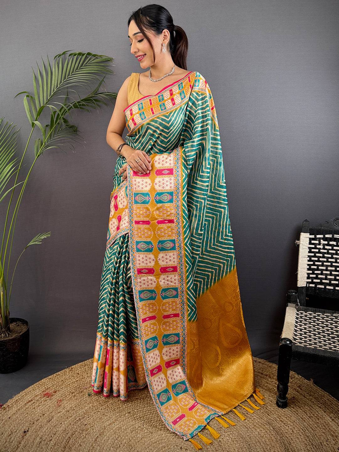Teal Green Madhubani Print Soft Silk Saree