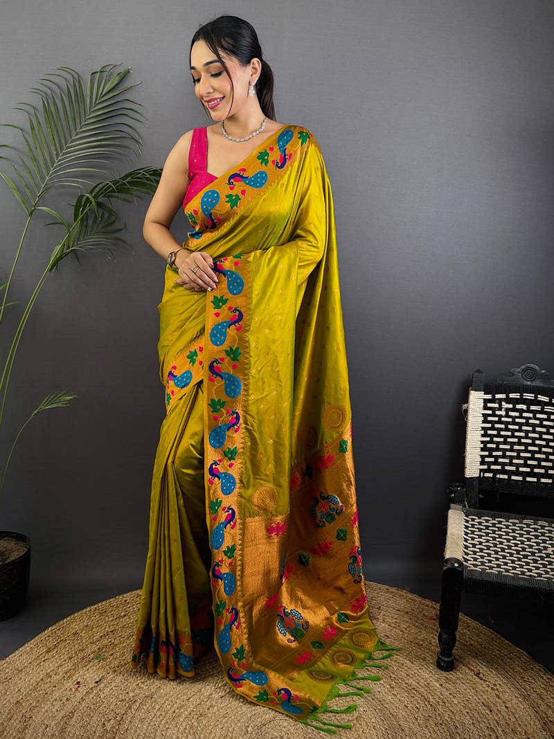 Mustard Yeola Paithani Soft Silk Saree