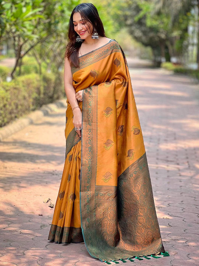 Butterscotch Kanjivaram Tissue Saree With Gold Zari Weaving