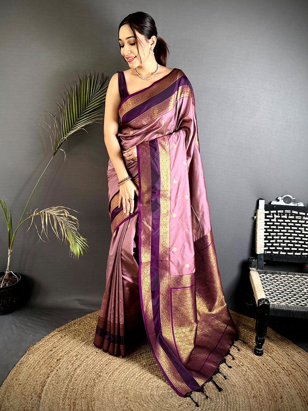 Regal Onion Shade Gadwal Silk Saree With Maggam Blouse