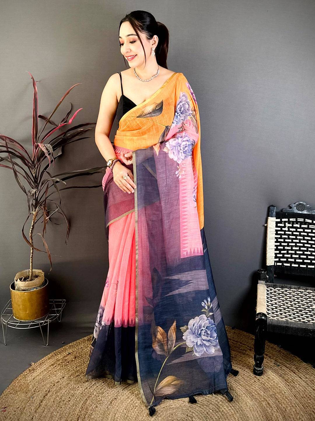 Classic Floral Linen Chanderi Saree