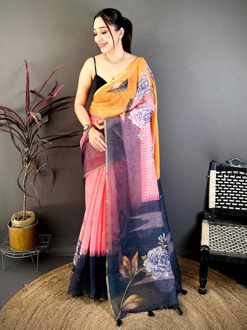 Classic Floral Linen Chanderi Saree