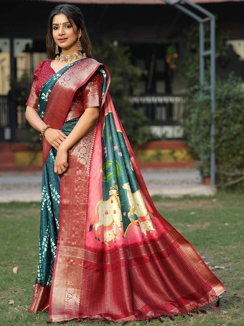 Teal Colour Viscose Dola Silk Saree With Mughal Motifs - Luxe