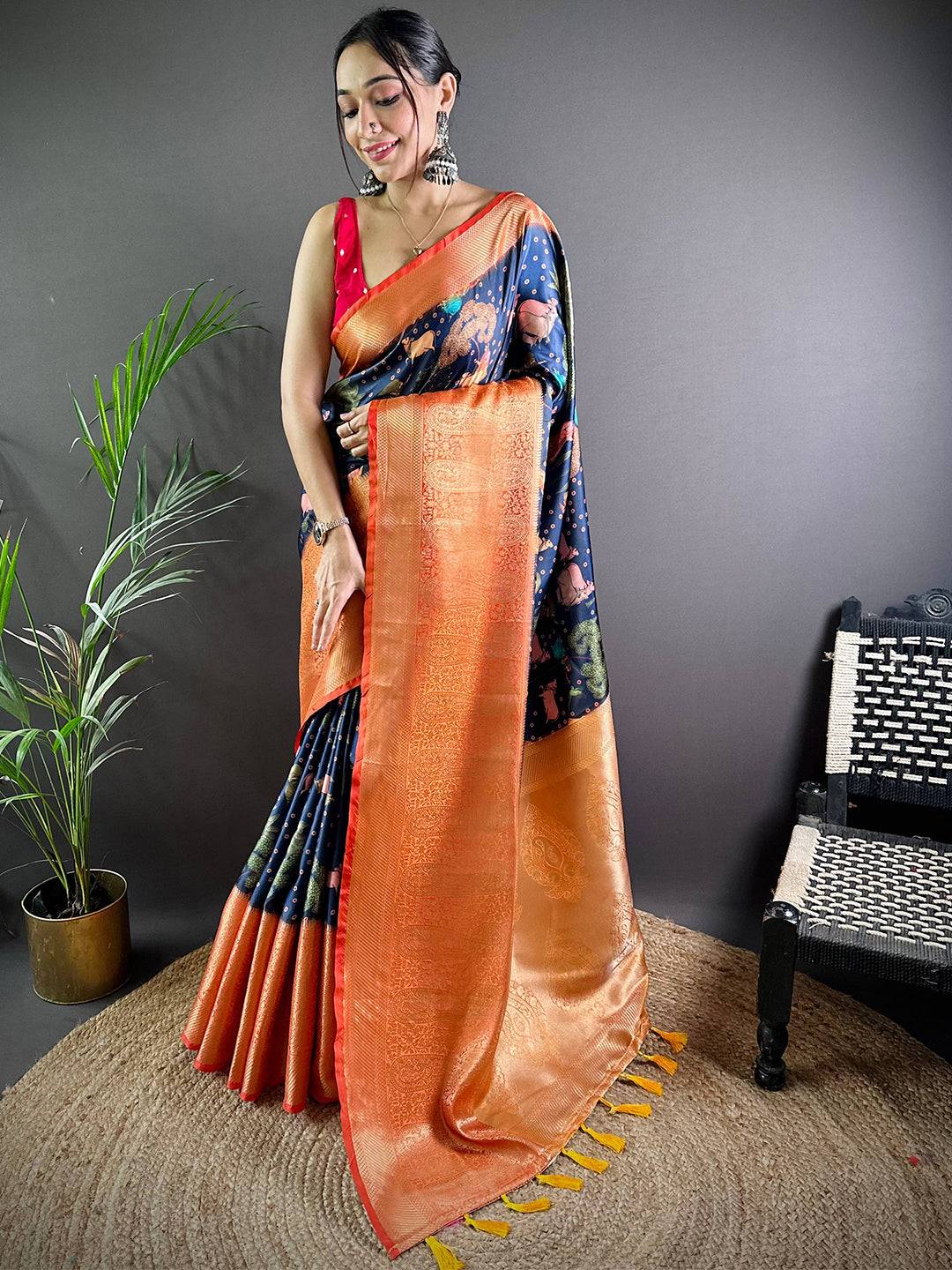 Navy Satin Pichwai Print Saree