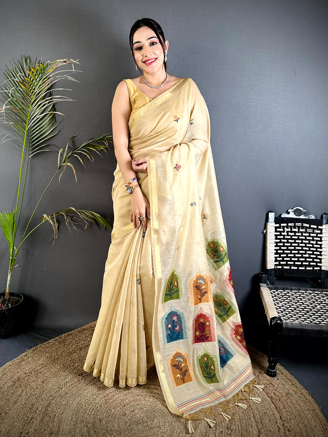 Heritage Jharokha Khadi Linen Saree