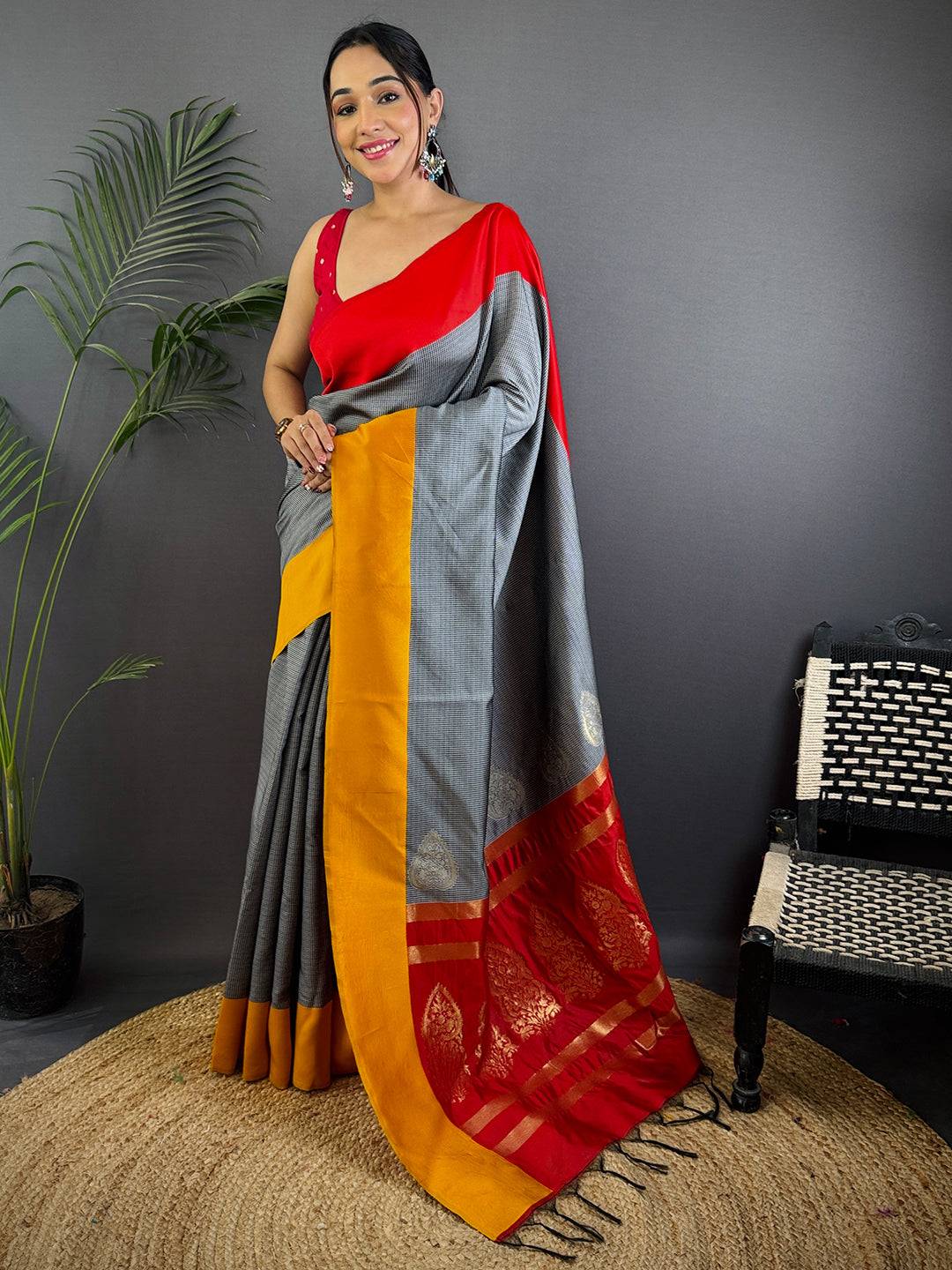 Grey Soft Katan Silk Banarasi Saree