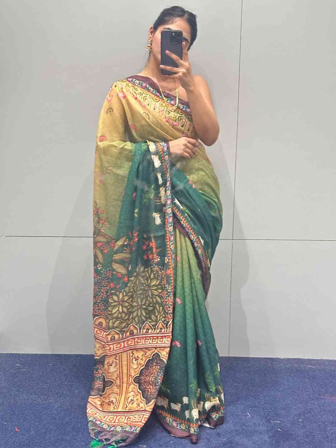 Soft Linen Ombre Pichwai Printed Saree with intricate design
