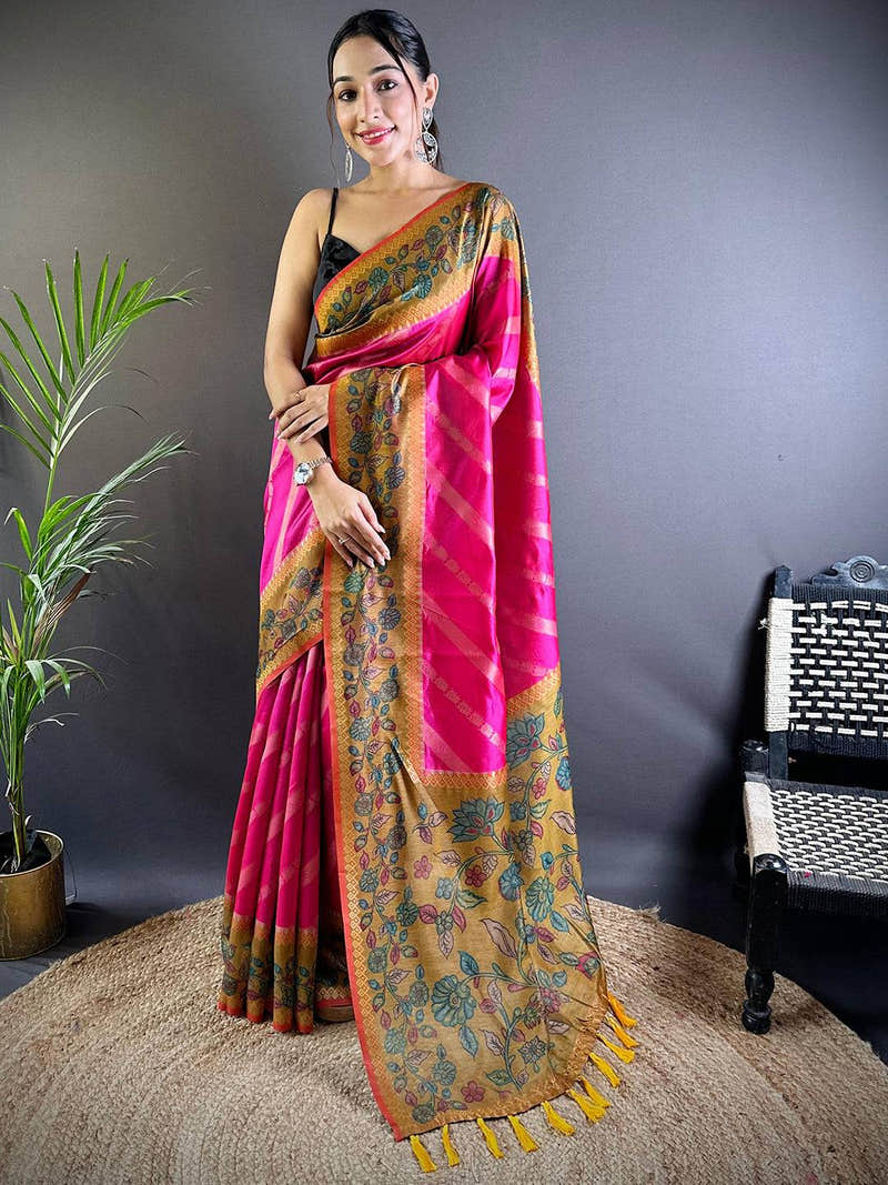 Pink Gold Zari And Kalamkari Print Saree