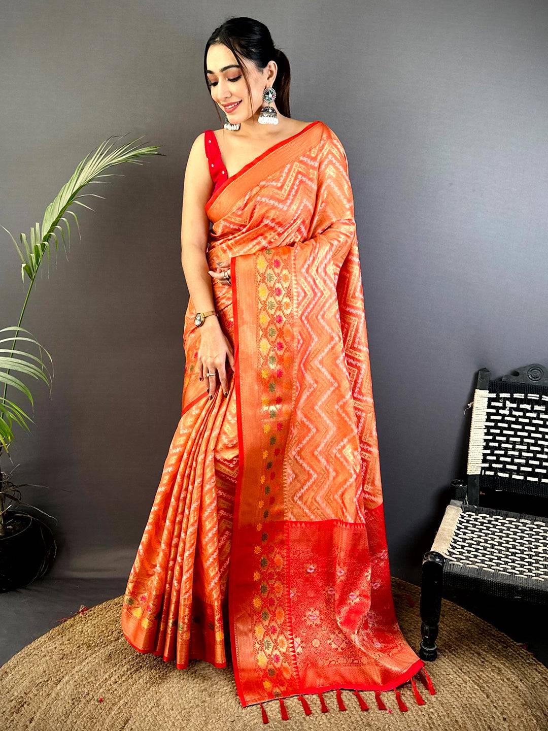 Peach Banarasi Zic Zac Katan Silk Saree